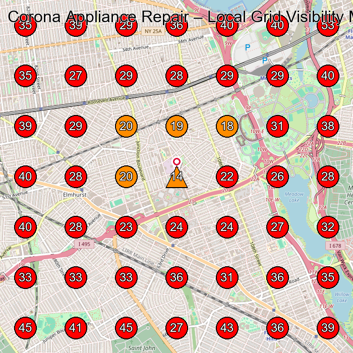 Corona Appliance Repair GeoGrid visibility map for Appliance Repair Service in Rego Park